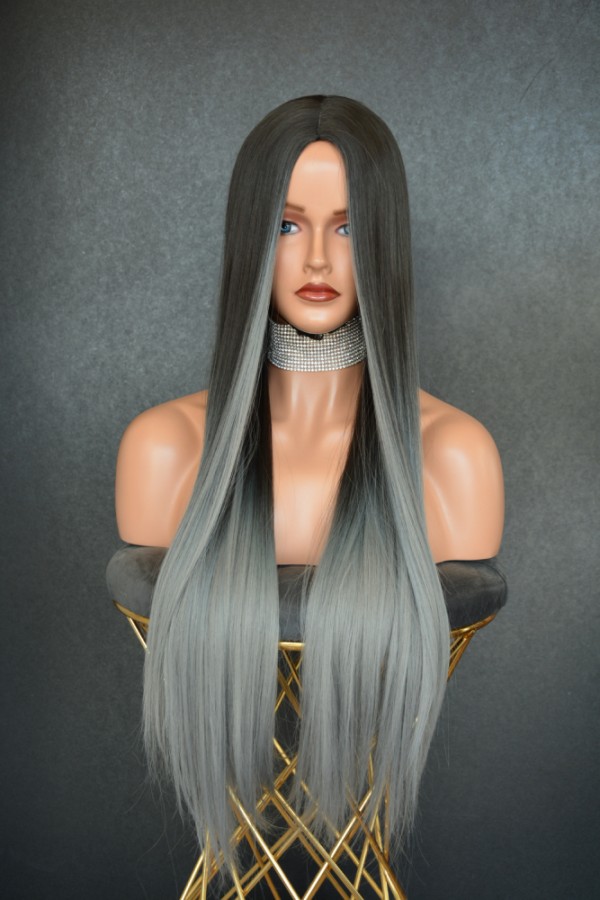 Siyah Gri Ombreli Düz Fiber Sentetik Uzun Peruk